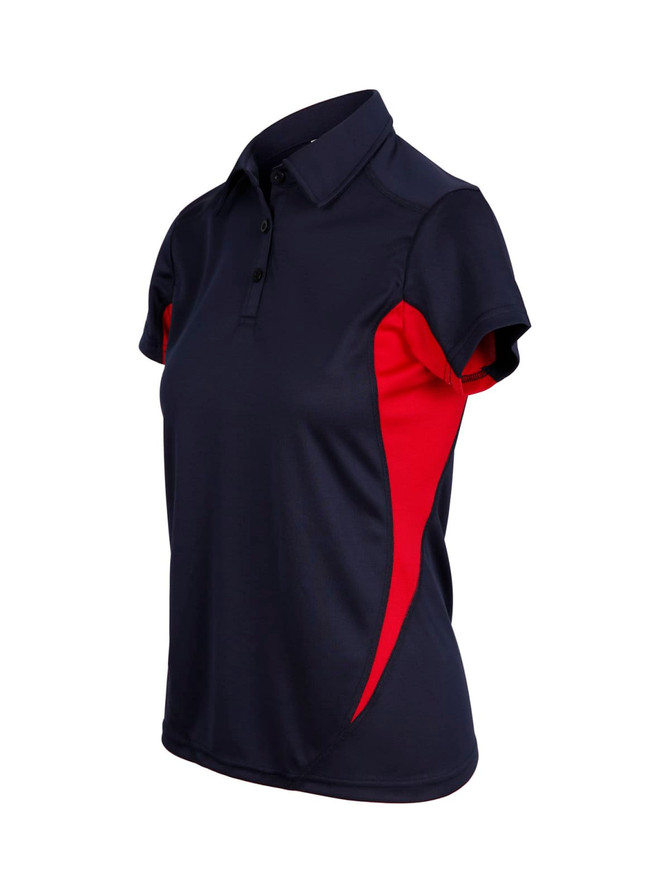 A women's polyester polo shirt featuring navy blue and red colours, with a logo on the chest.