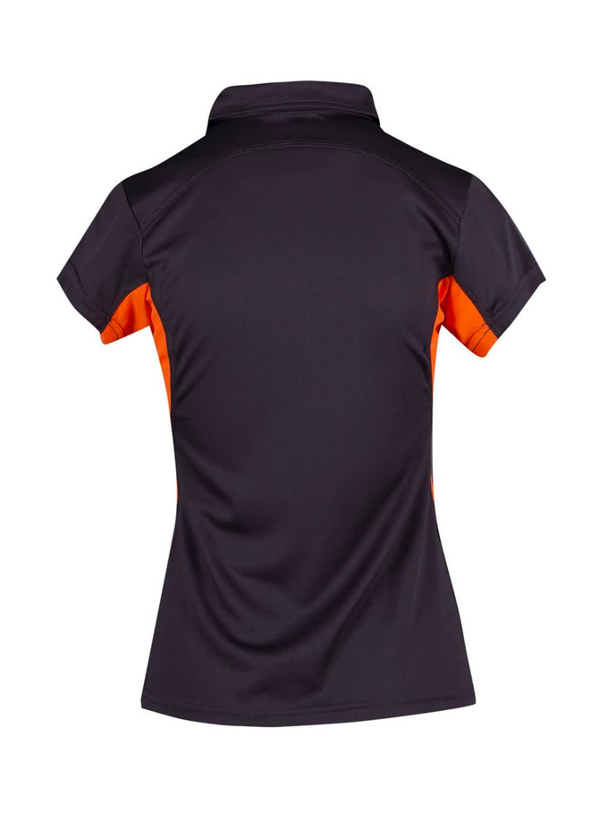 A black and orange women's polo shirt featuring a collared neckline and short sleeves, with a logo on the back.