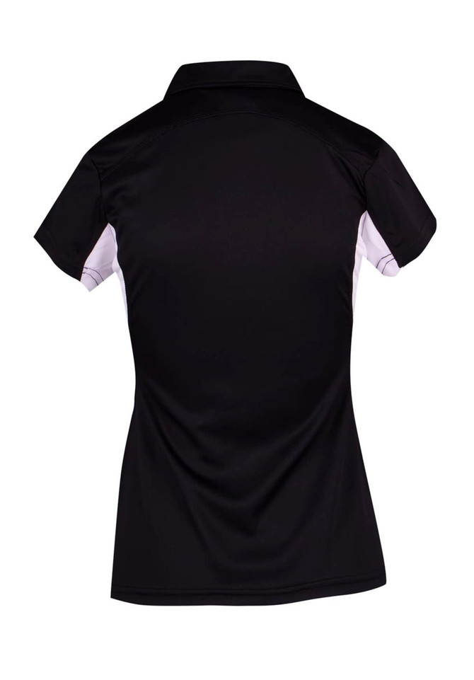 A black polyester polo shirt with short sleeves and white accents, featuring a collar and a logo.