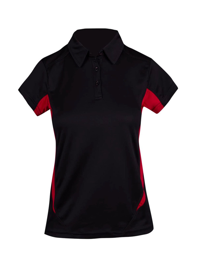 A women's polo shirt in black with red accents, featuring a collar and button placket, and a logo.