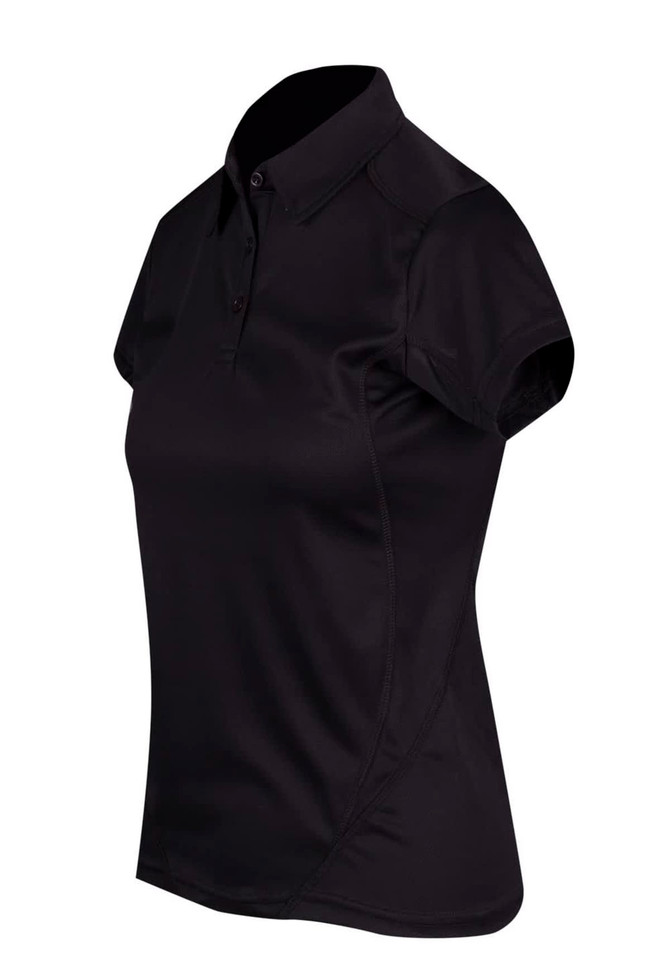 A black women's polyester polo shirt with a classic collar and short sleeves, featuring a logo.