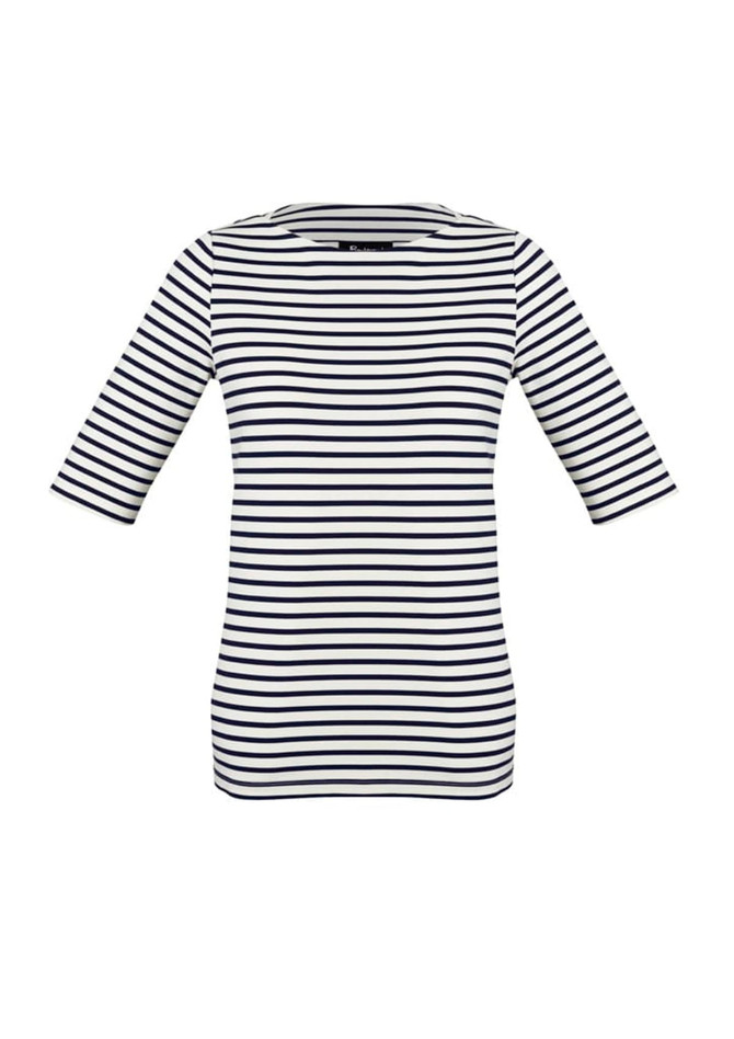 A women's short sleeve T-top in navy and white stripes, featuring a crew neckline and a branded logo.