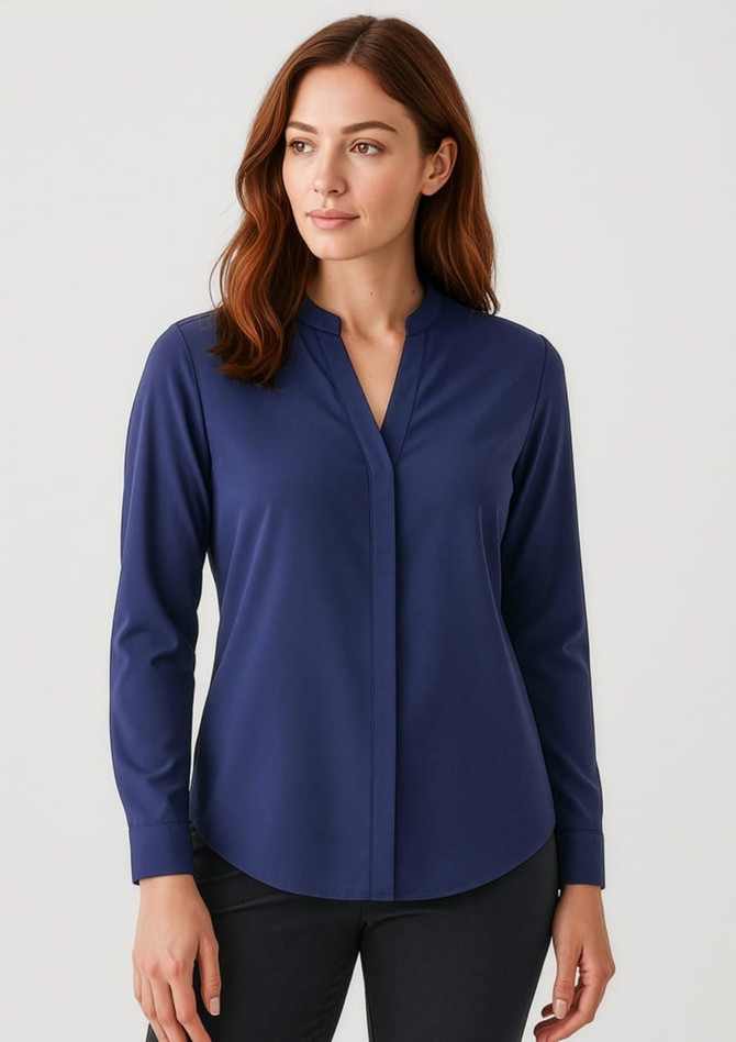 A navy long sleeve blouse with a v-neck and button-up design, featuring a sleek, fitted silhouette.