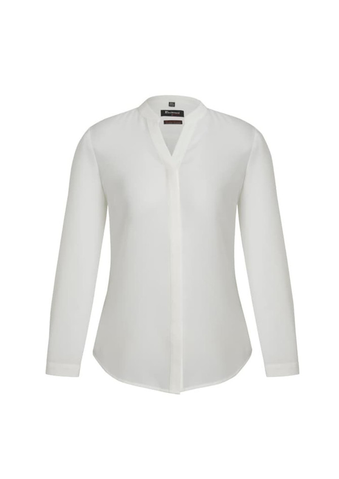 A white women's long sleeve blouse with a button-up front and a collar, featuring a brand logo.