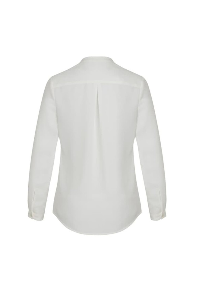 A white long sleeve blouse with a button-up design and back pleat detail. The blouse features a collar and cuffs.