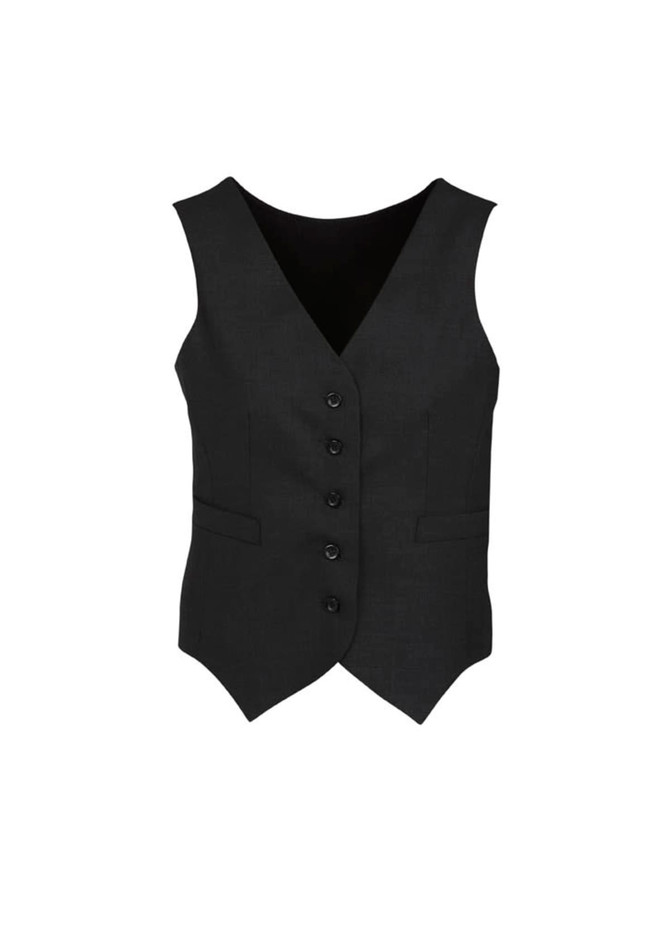 A black women's peaked vest featuring a button-up front and two side pockets, with a branding logo.