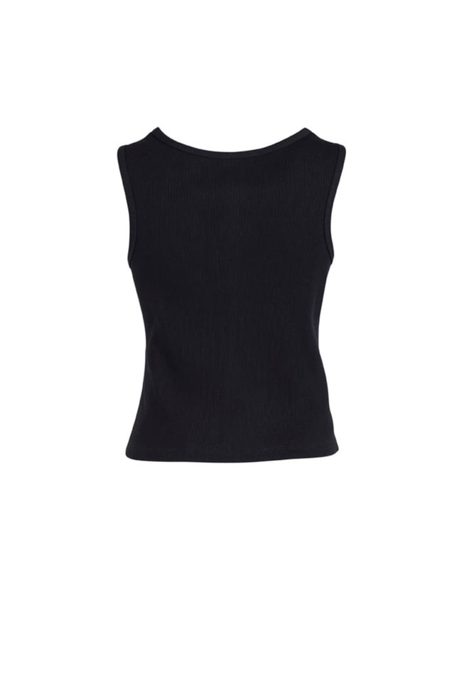 A black women's sleeveless vest featuring a fitted design and a rounded neckline. It has a logo on the back.