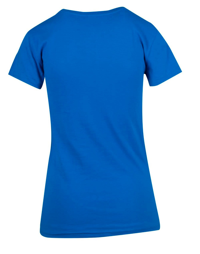 A blue women's modern fit T-shirt with a simple design and no visible logos or branding, viewed from the back.