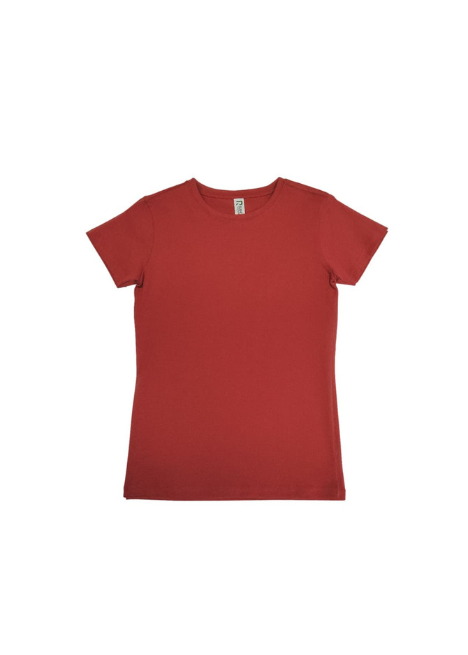 A red women's modern fit T-shirt with short sleeves and a round neckline, featuring a logo on the label.