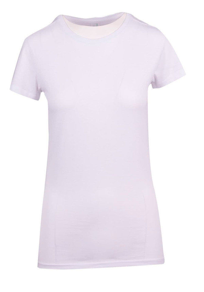 A women's modern fit t-shirt in white, featuring a simple design and a logo.