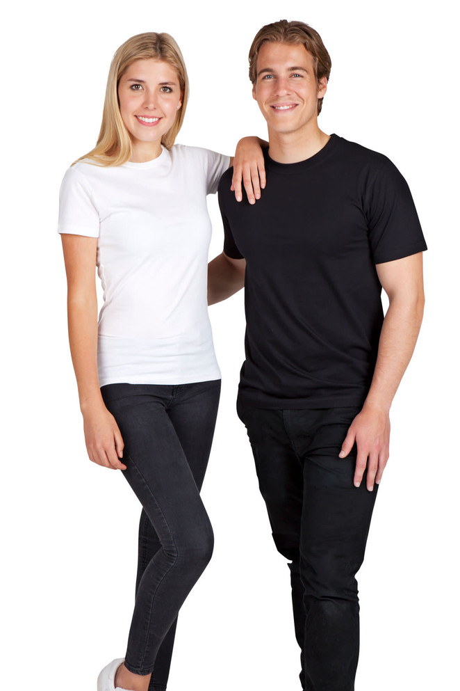 A woman in a white modern fit T-shirt and a man in a black modern fit T-shirt, both wearing casual pants.