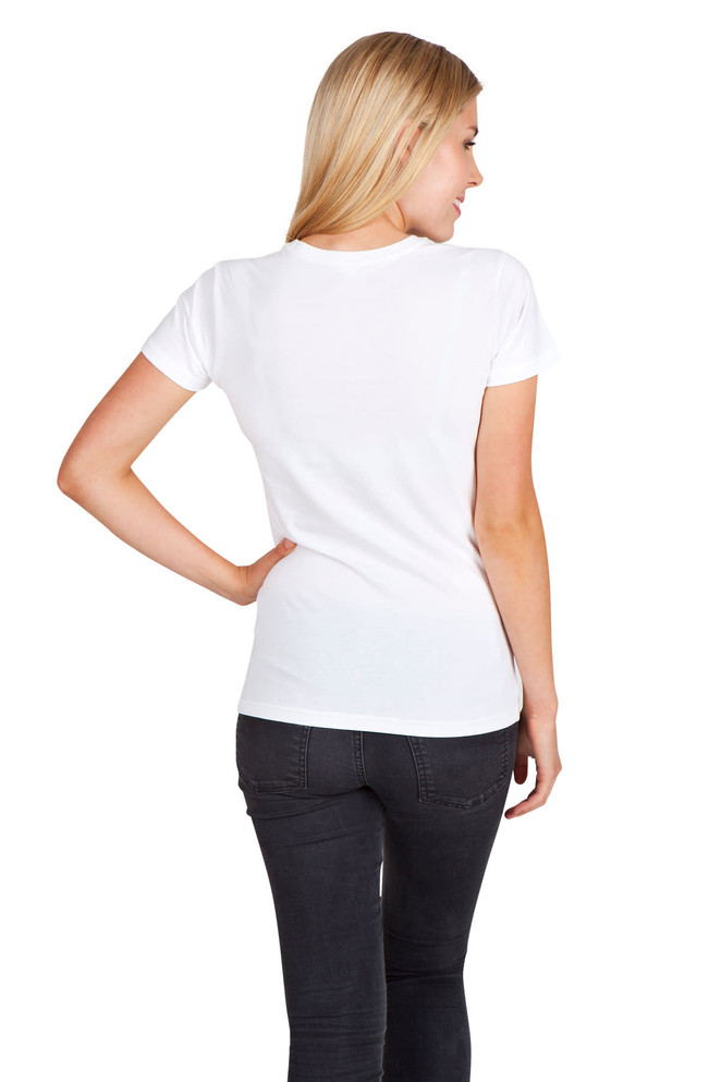 A black and a white women's modern fit T-shirt worn by models, featuring a logo on the shirts.