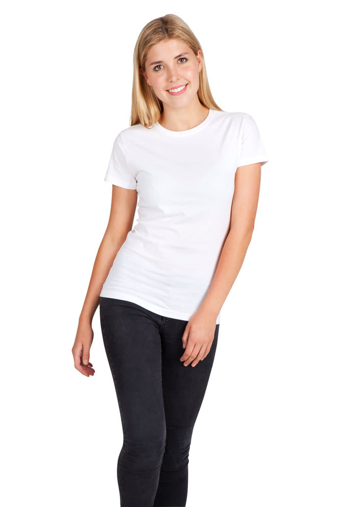 A blue women's modern fit T-shirt displayed on a model, paired with denim shorts. It features a logo.