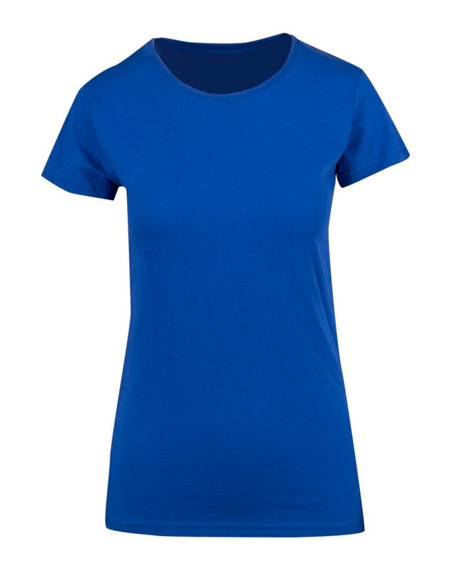 A blue women's modern fit T-shirt with a round neckline and short sleeves, featuring a logo.