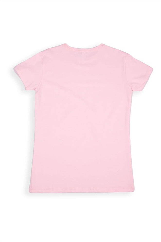 A women's modern fit T-shirt in a soft pink colour, featuring a simple design and a logo on the back.