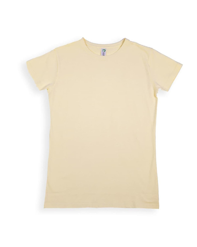A women's modern fit t-shirt in a soft yellow colour, featuring short sleeves and a logo on the label.