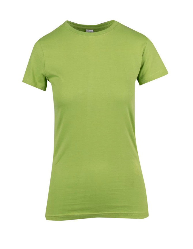 A women's modern fit t-shirt in vibrant green, featuring a classic crew neck and short sleeves. It has a logo.