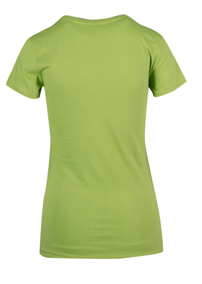 A women's modern fit T-shirt in green, featuring a simple design and short sleeves. The back view showcases the smooth fabric.