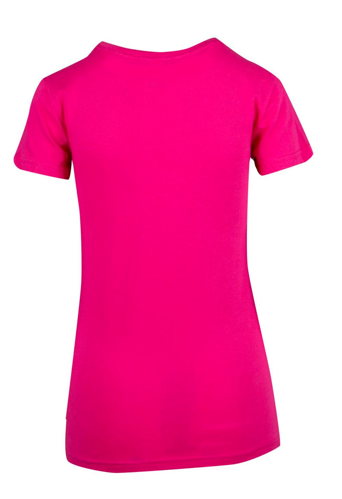 A women's modern fit T-shirt in bright pink, featuring a simple design and a logo. The back is plain.