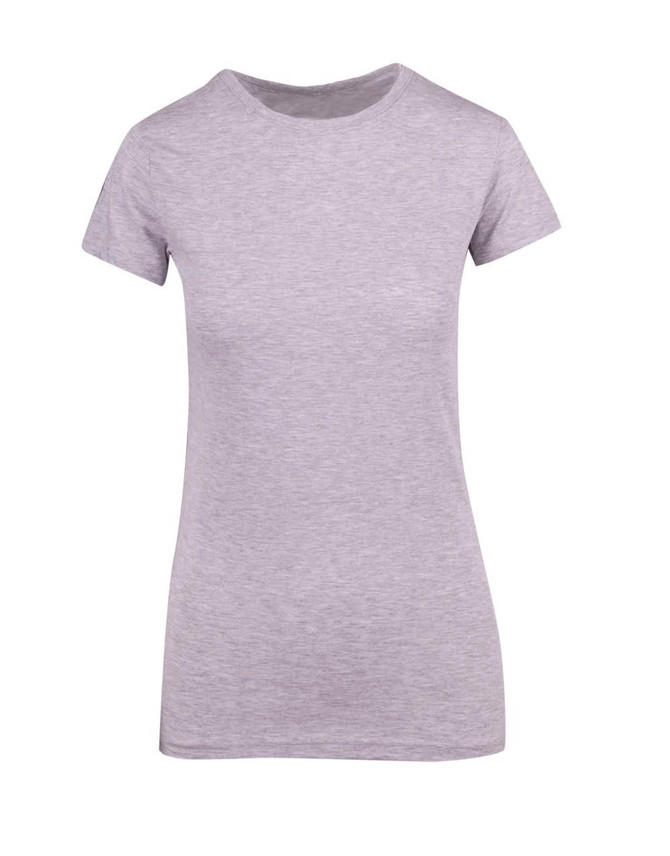 A grey women's modern fit T-shirt with short sleeves and a crew neckline. The shirt features a small logo.