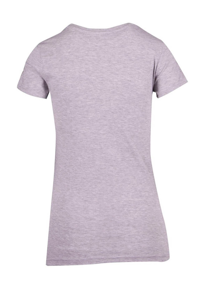 A grey women's modern fit T-shirt featuring short sleeves and a streamlined design. It includes a logo on the fabric.