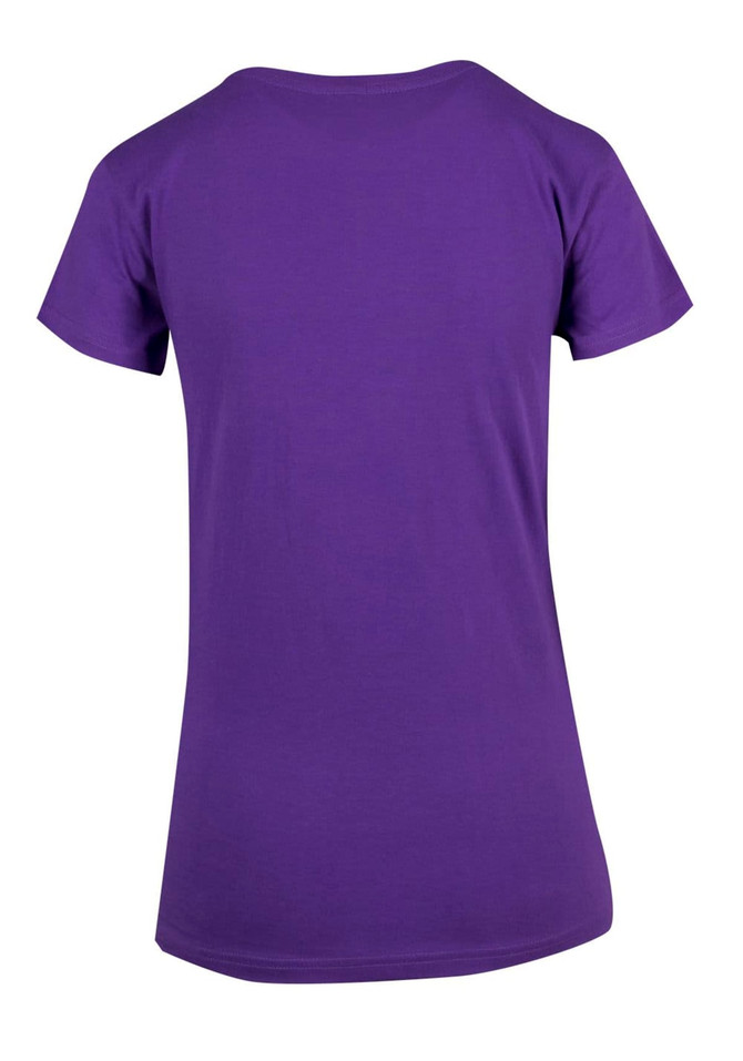 A purple women's modern fit T-shirt with a round neckline and short sleeves, featuring a logo.