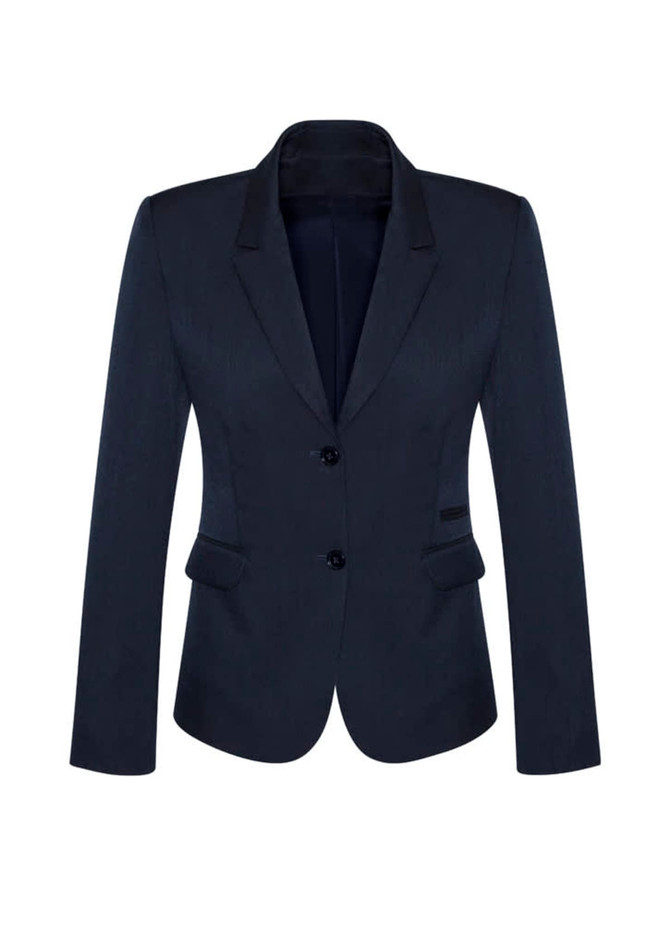 A navy women's mid-length jacket with a two-button closure and a fitted silhouette. Features a branded logo.