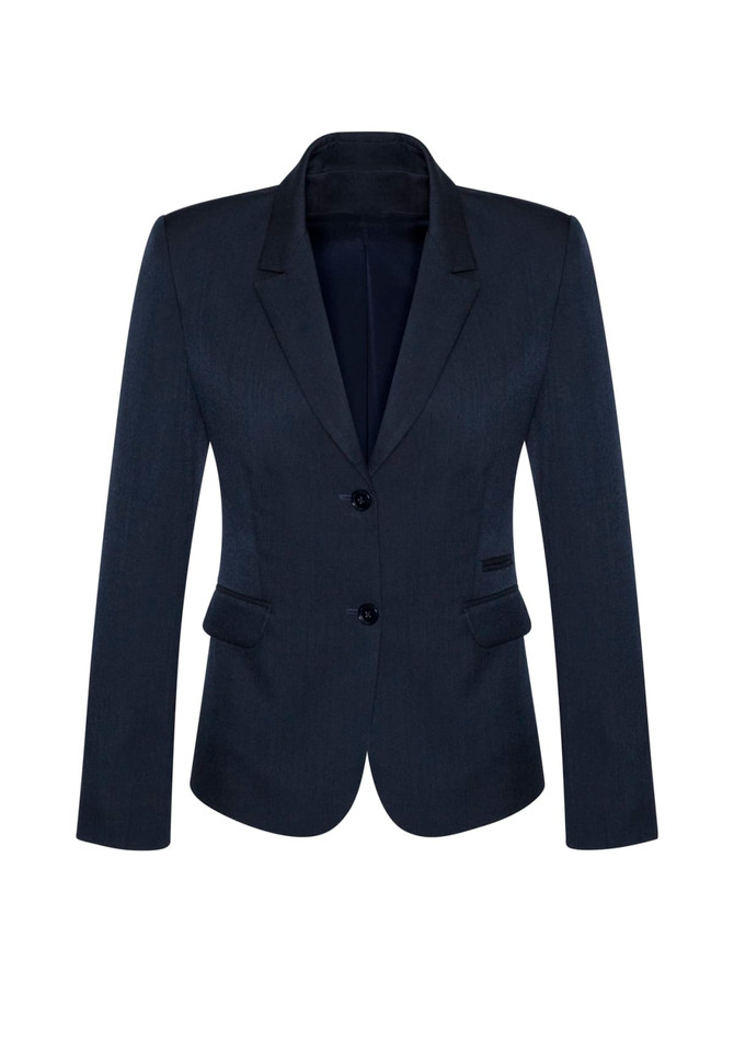 A dark navy women's mid-length jacket featuring a two-button front, notch lapels, and a fitted silhouette.