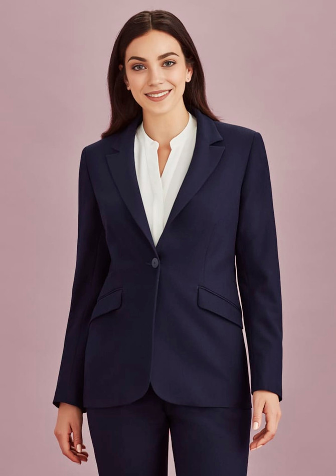 A navy women's longline jacket with a fitted design, featuring a single button and two front pockets.