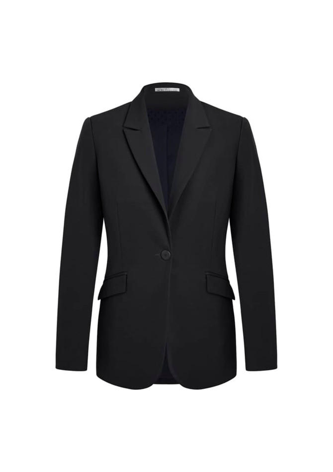 A black longline jacket with a single button front, featuring two side pockets and a tailored fit.