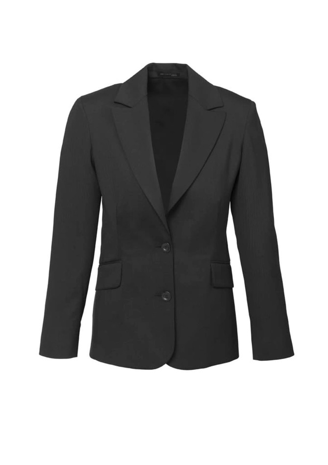A black longline jacket with a tailored fit, featuring two front pockets and a single button closure.