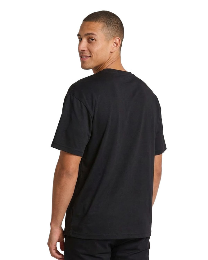A black loose t-shirt for men and unisex, featuring a plain design and a visible logo on the back.