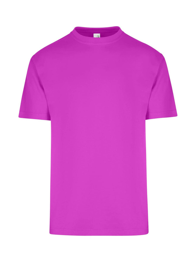 A bright pink unisex regular T-shirt with a crew neck and short sleeves. It features a simple design and a logo.