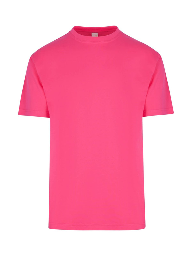 A vibrant pink unisex regular T-shirt with a round neckline and short sleeves. Features a logo.