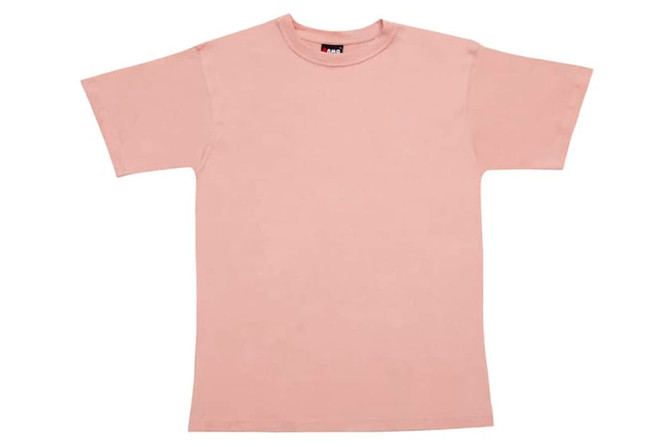 A plain pink unisex regular T-shirt, featuring short sleeves and a simple design. Includes a logo on the label.