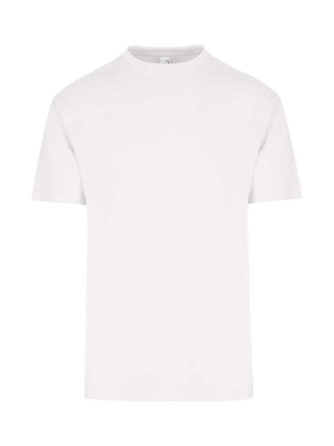 A plain white regular T-shirt with short sleeves and a round neckline. It features a logo on the label.