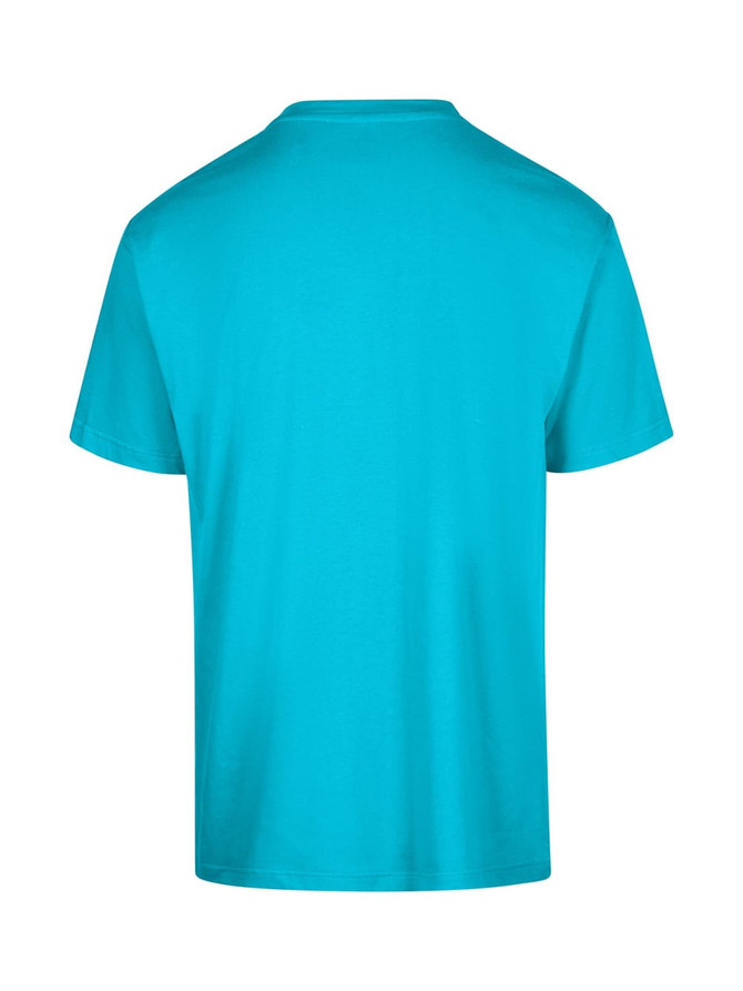 A unisex regular T-shirt in a vibrant turquoise colour, featuring a simple design and a logo.