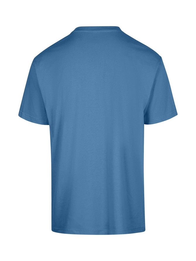 A blue unisex regular T-shirt featuring a simple design and a logo on the back.