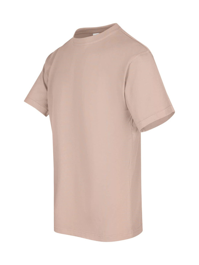 A beige unisex regular T-shirt with short sleeves and a round neck, featuring a logo.