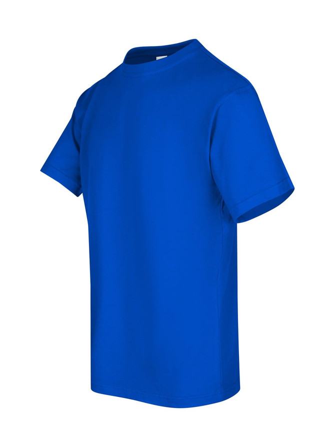 A blue unisex regular T-shirt with a standard crew neckline and short sleeves, featuring a logo on the front.