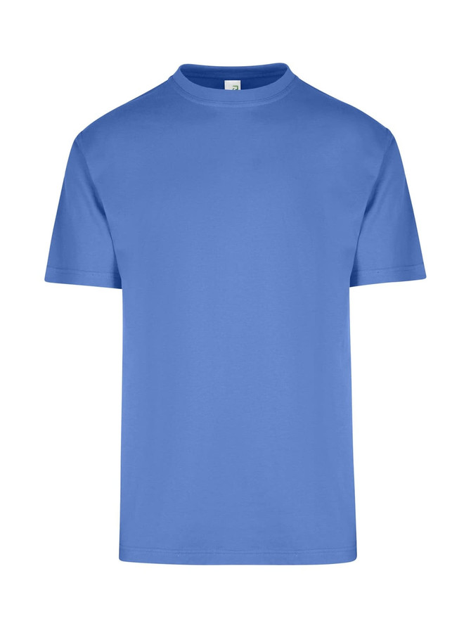 A blue unisex regular T-shirt featuring a classic crew neckline and short sleeves, with a branding logo.