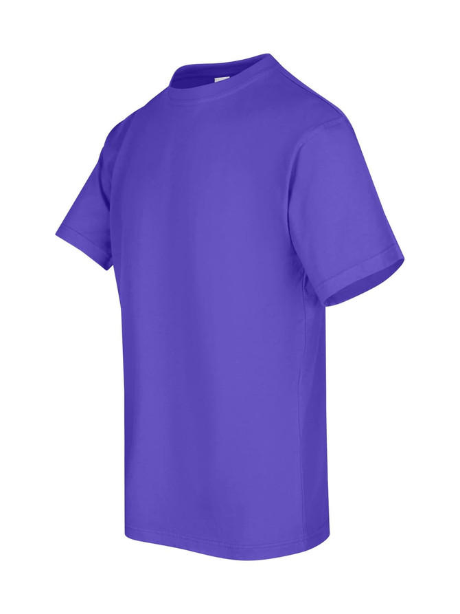 A purple unisex regular T-shirt with short sleeves and a crew neck, featuring a logo.