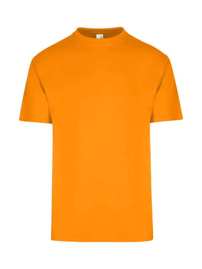 An orange unisex regular T-shirt with a crew neckline and short sleeves. It features a logo on the label.