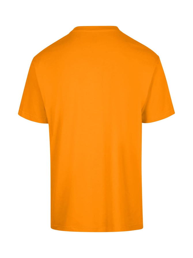 An orange unisex regular T-shirt with a simple design. Features a logo on the back.