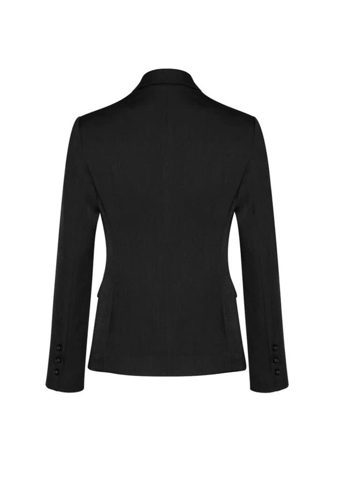A black mid-length jacket featuring a two-button design and a fitted silhouette, with a logo on the back.