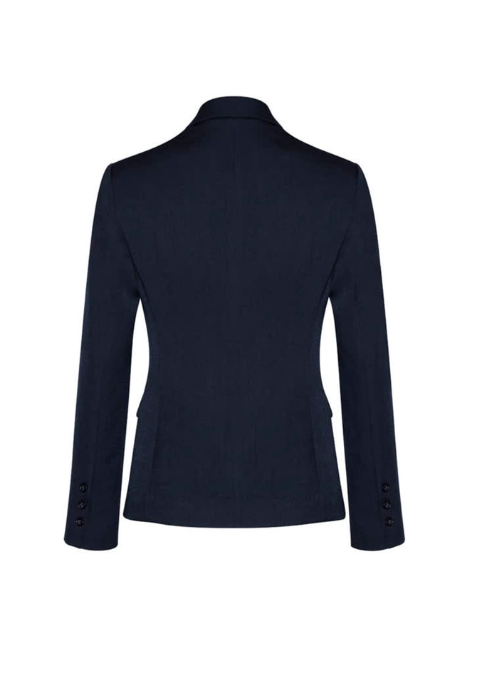 A mid-length women's jacket in navy featuring a two-button closure and long sleeves with buttons at the cuffs.