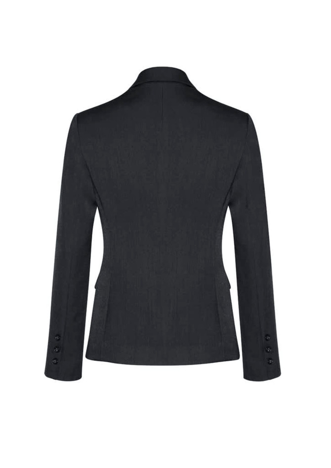 A black mid-length women's jacket with a two-button design and long sleeves, featuring a fitted silhouette.