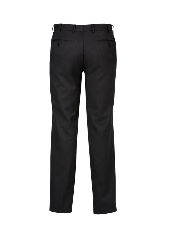 Flat front black pants with a tailored fit, featuring pockets at the back and a waistband with belt loops.