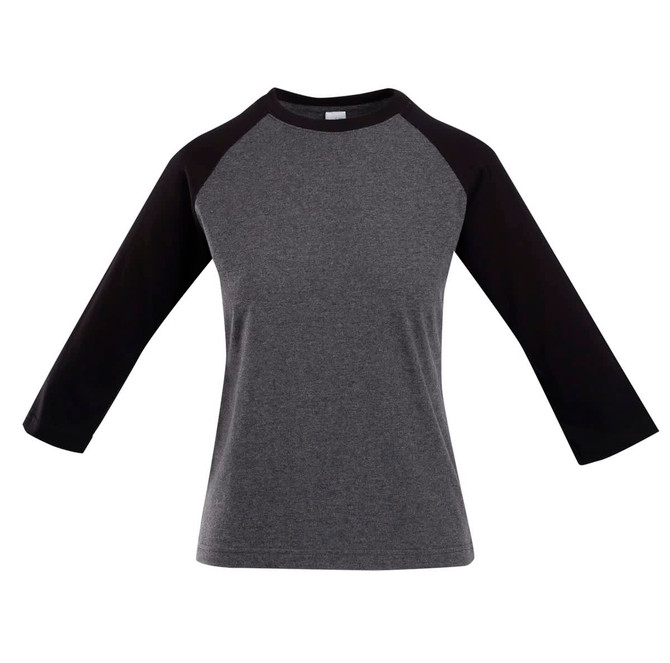 A women's 3/4 sleeve raglan T-shirt in grey with black sleeves, featuring a logo on the chest.