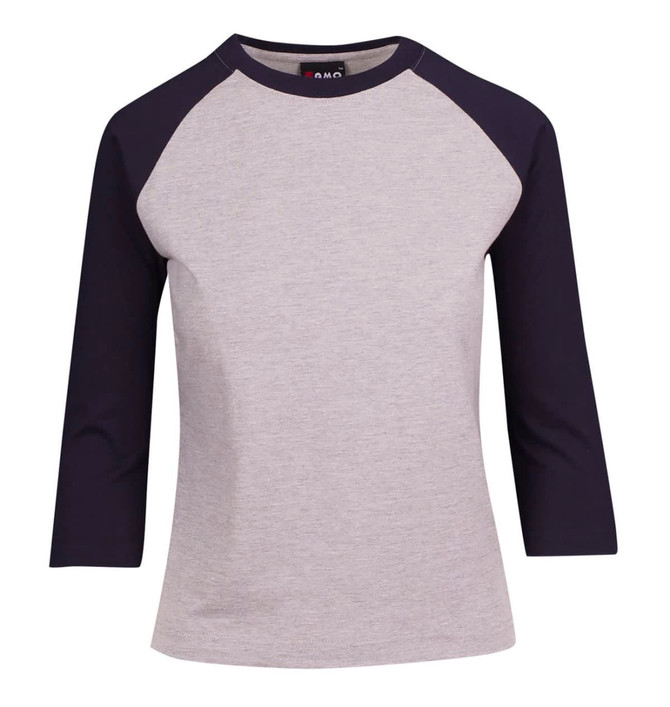 A light grey women's 3/4 sleeve raglan T-shirt with navy blue sleeves and a logo on the neck.